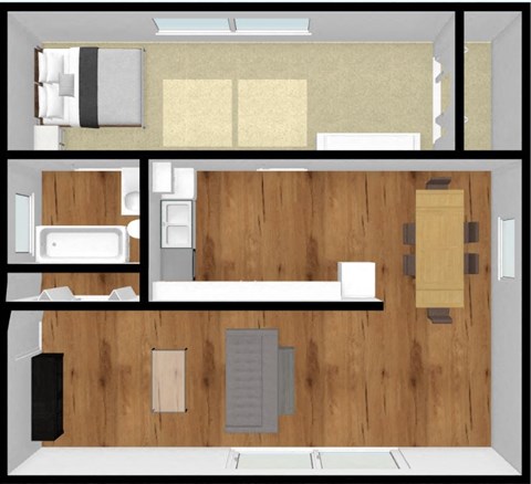 Floor plan for 1 bed, 1 bath, 586 sqft